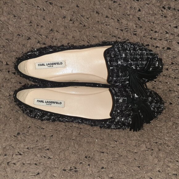 KARL LAGERFELD-Paris-Tilda 2-Black White Wool Tweed Tassel Flat-Sz 8.5-Near Mint - Picture 6 of 7